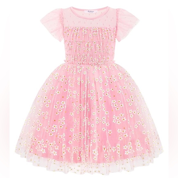 Arshiner Girls Birthday Holiday Floral Tulle Ruffle Sleeve Dress - Picture 1 of 6